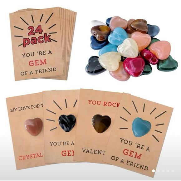 Valentine's Day Cards with Heart Crystals - 24 Pack for Kids' Class Parties - Picture 1 of 3